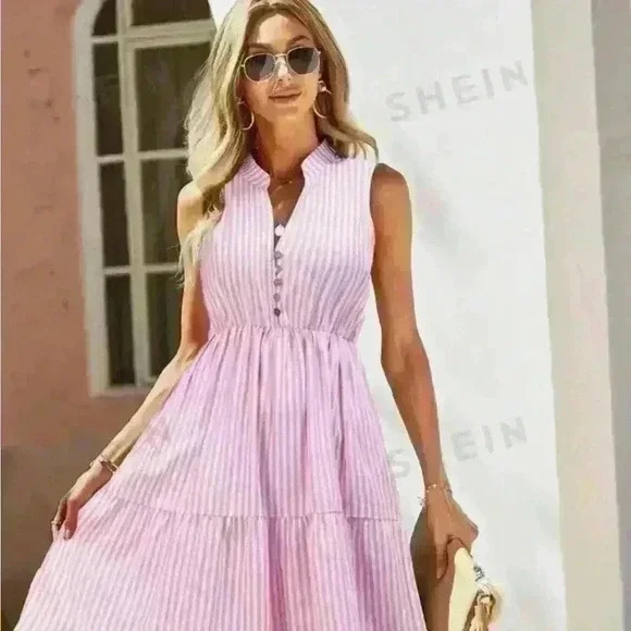 SHEIN VCAY Women's Sleeveless Striped Notch V-Neck Dress - SIZE: XS - Picture 2 of 3